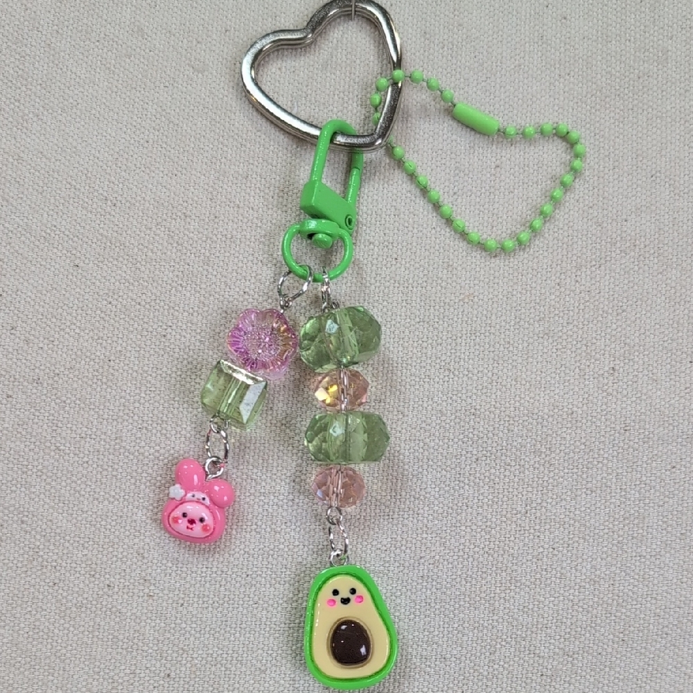 Handmade Kawaii Green Avocado & Glass Bead Keychain – Customizable